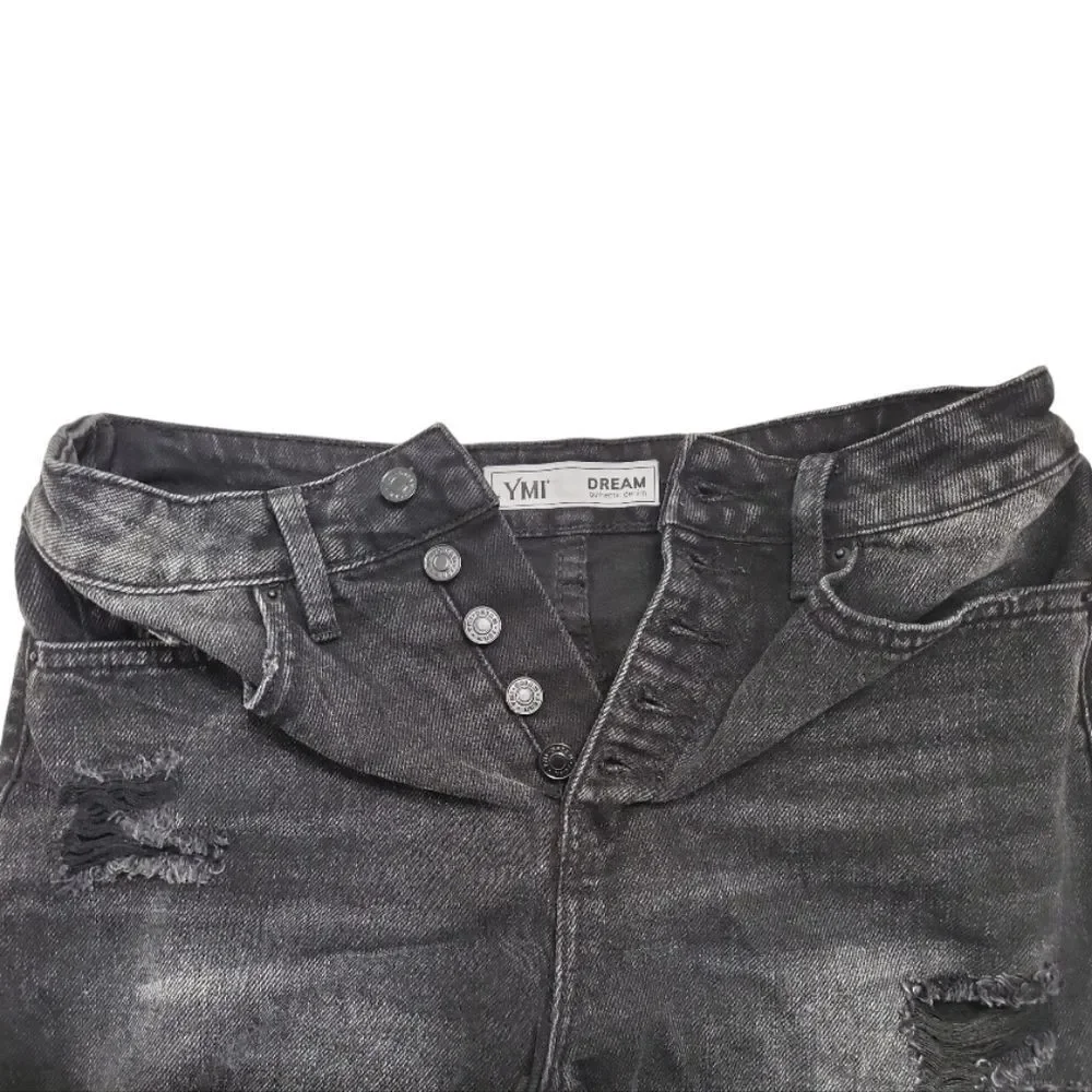 YMI Black Distressed Ripped Raw-Hem Denim Jean 5 Button-Fly Shorts Size‎ 29
